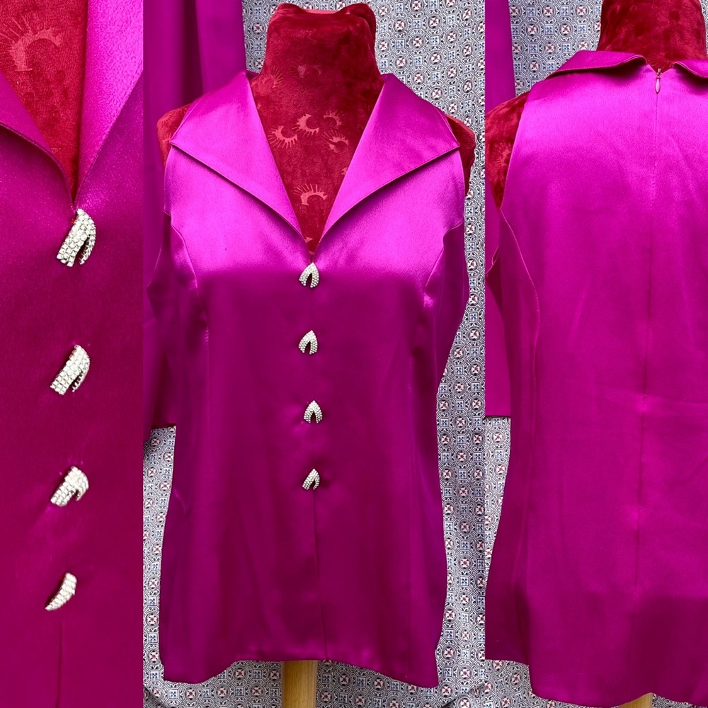 VTG PINK SATIN 3 Piece SUIT JACKET SKIRT & VEST RHINESTONES Dance Party - Picture 4 of 15